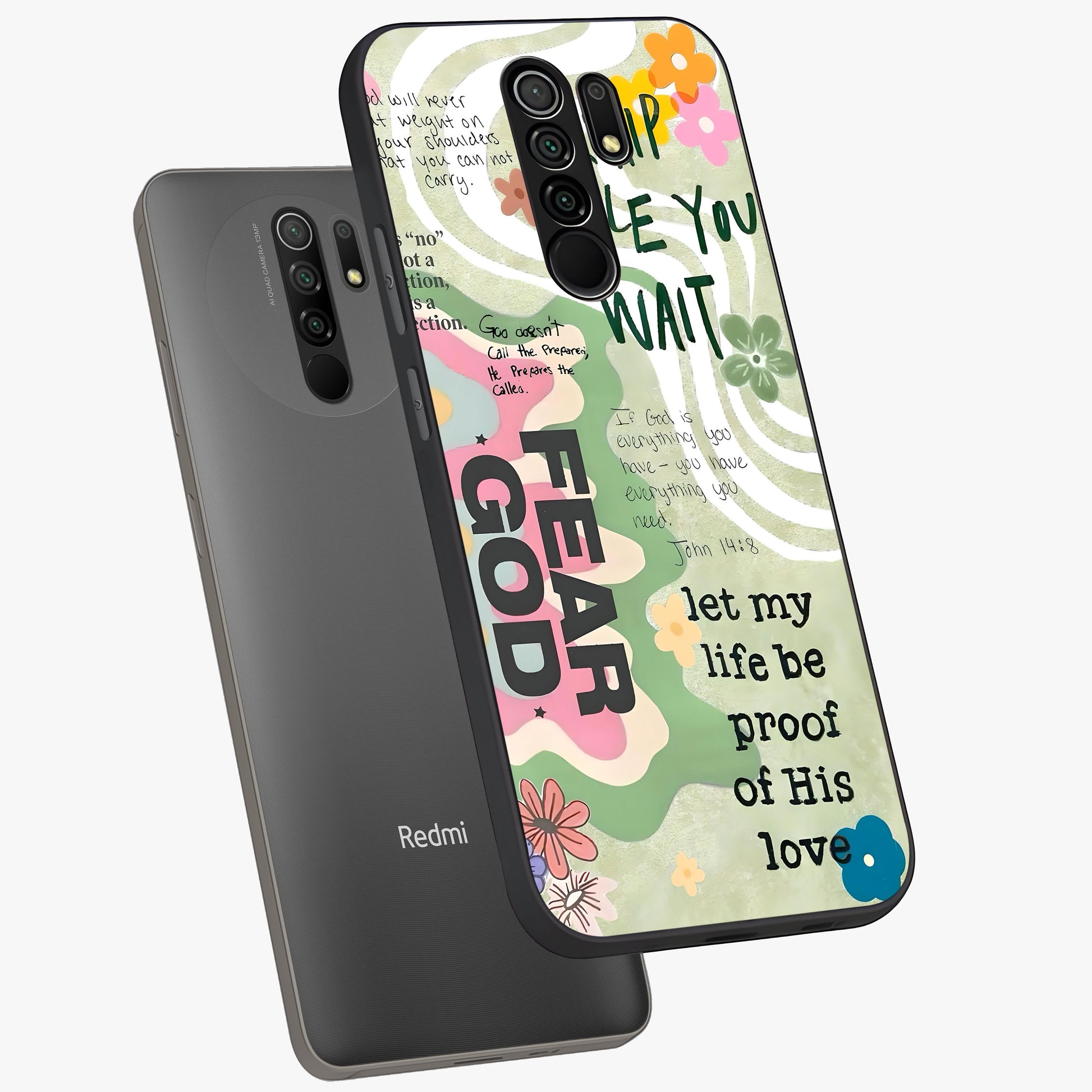 Faith Over Fear Glass Case displayed in angled mockup highlighting inspirational message design with modern aesthetic style.