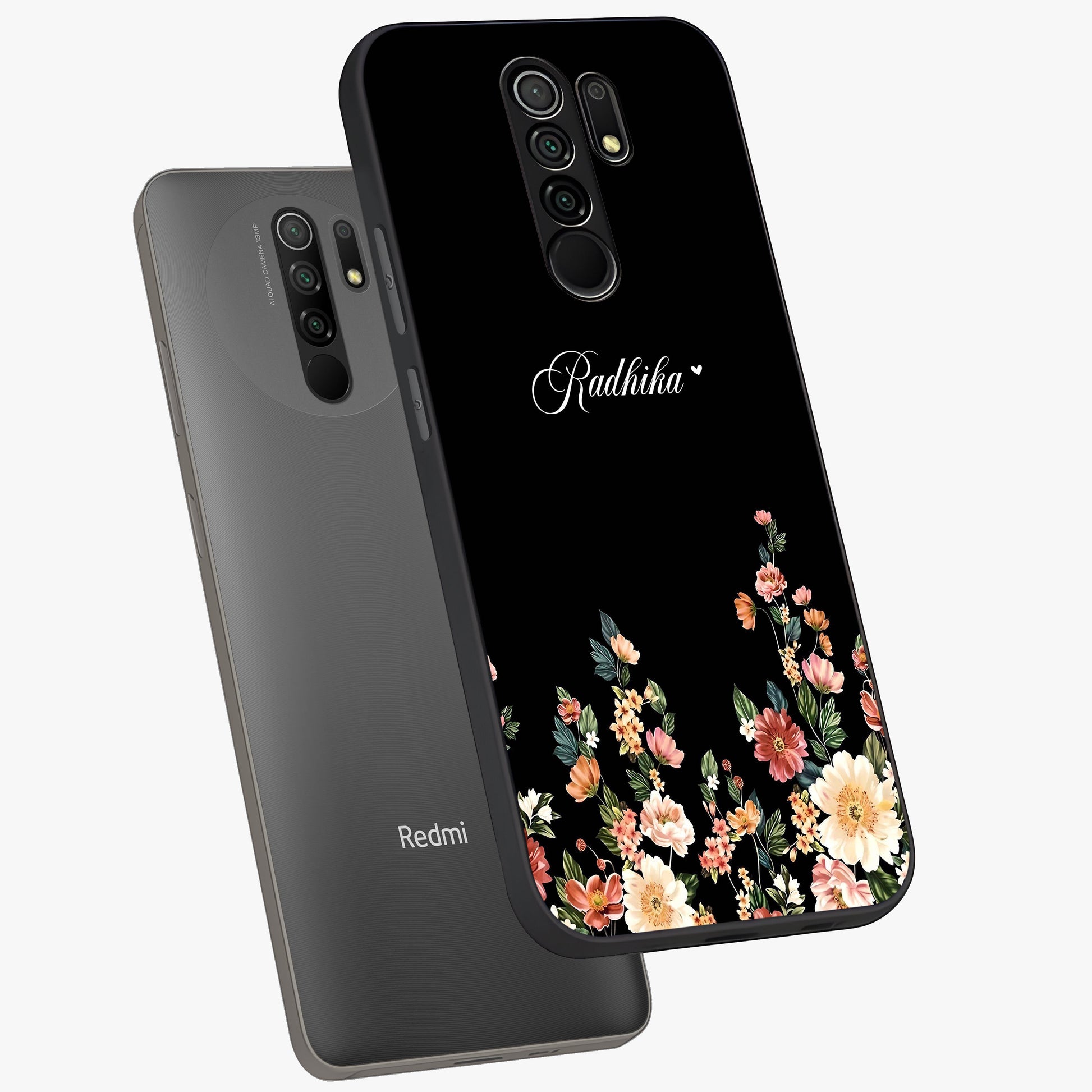Floral Design With a Custom Personalized Name Glass Case displayed in angled mockup highlighting elegant floral pattern with custom name feature.