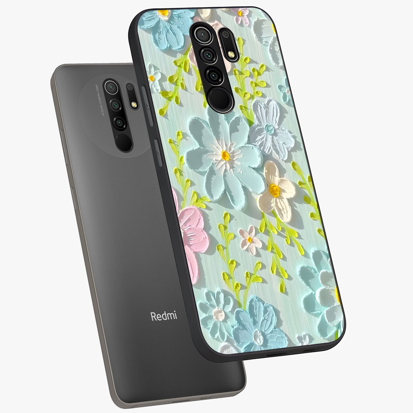 Frosted Petal Garden Glass Case displayed in angled mockup highlighting delicate flower petal design with calm garden aesthetic.