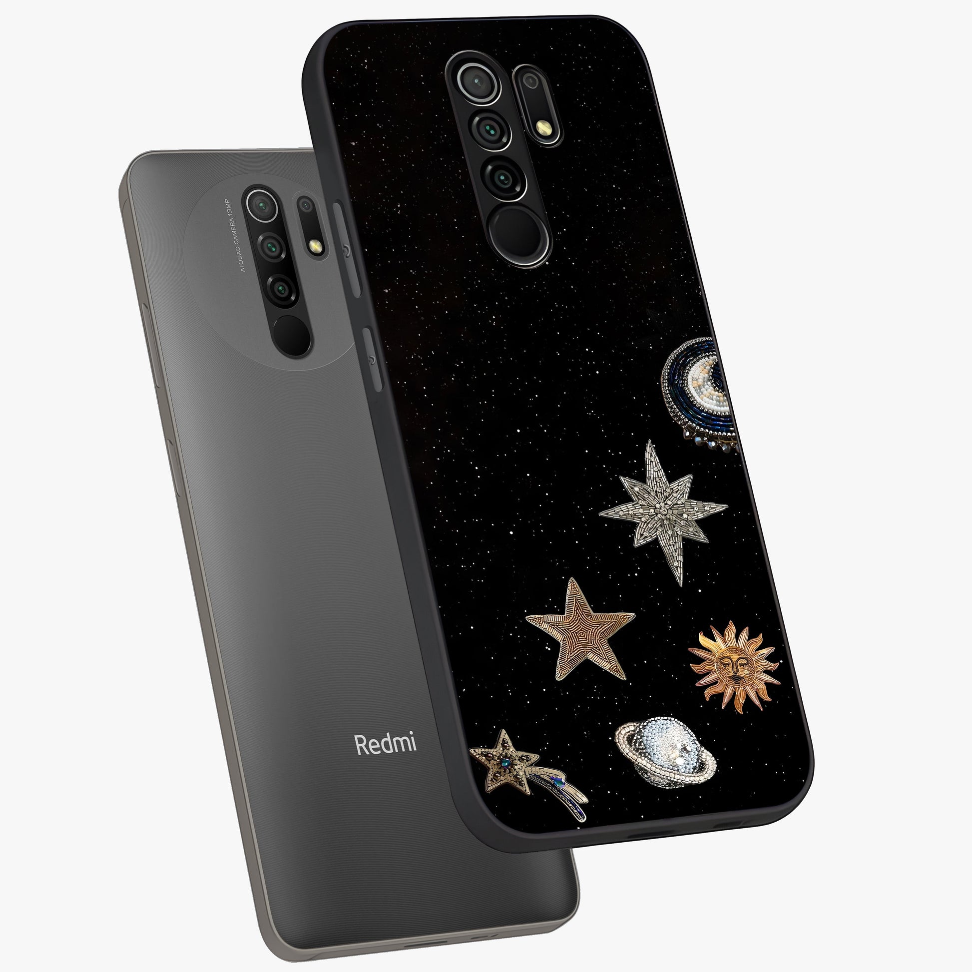 Galactic Charm Glow Glass Case displayed in angled mockup highlighting luminous galaxy inspired design with dreamy aesthetic.