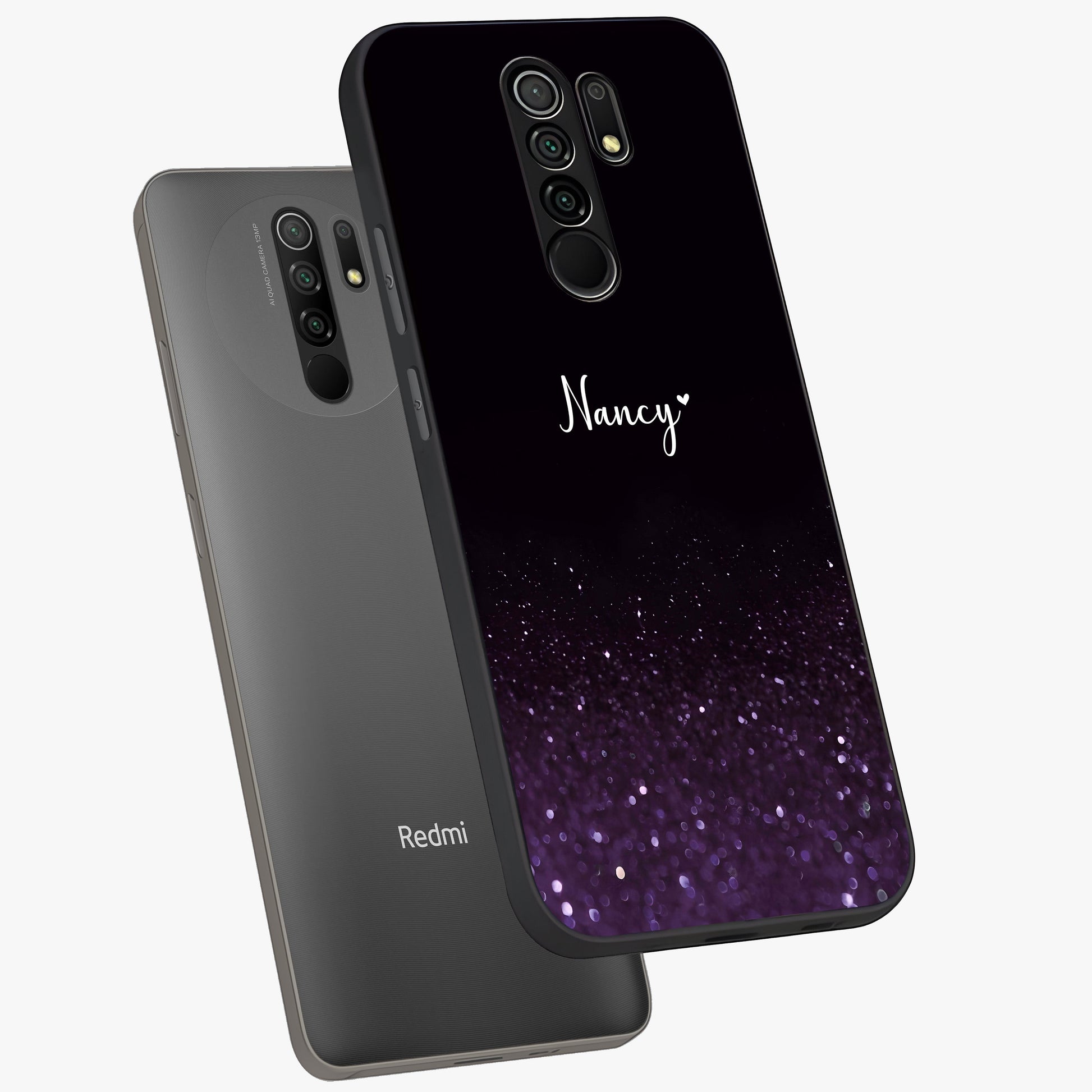 Glittery Purple Bokeh Custom Name Glass Case displayed in angled mockup highlighting glitter bokeh pattern with custom name feature.