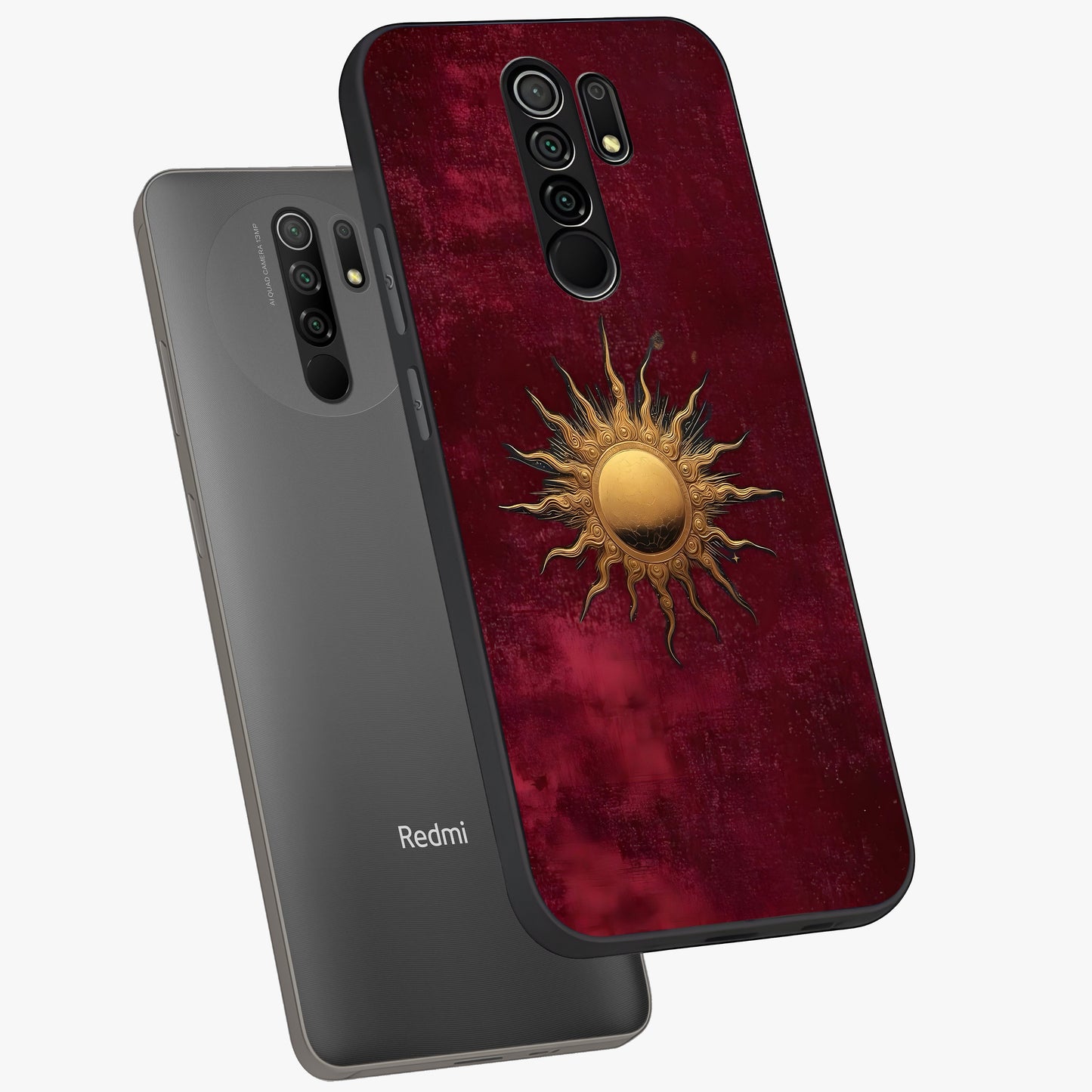 Golden Sun Minimalism Glass Case displayed in angled mockup highlighting clean sun symbol design with modern minimal aesthetic.