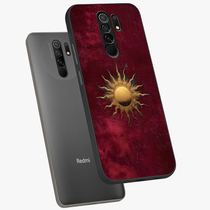 Golden Sun Minimalism Glass Case displayed in angled mockup highlighting clean sun symbol design with modern minimal aesthetic.
