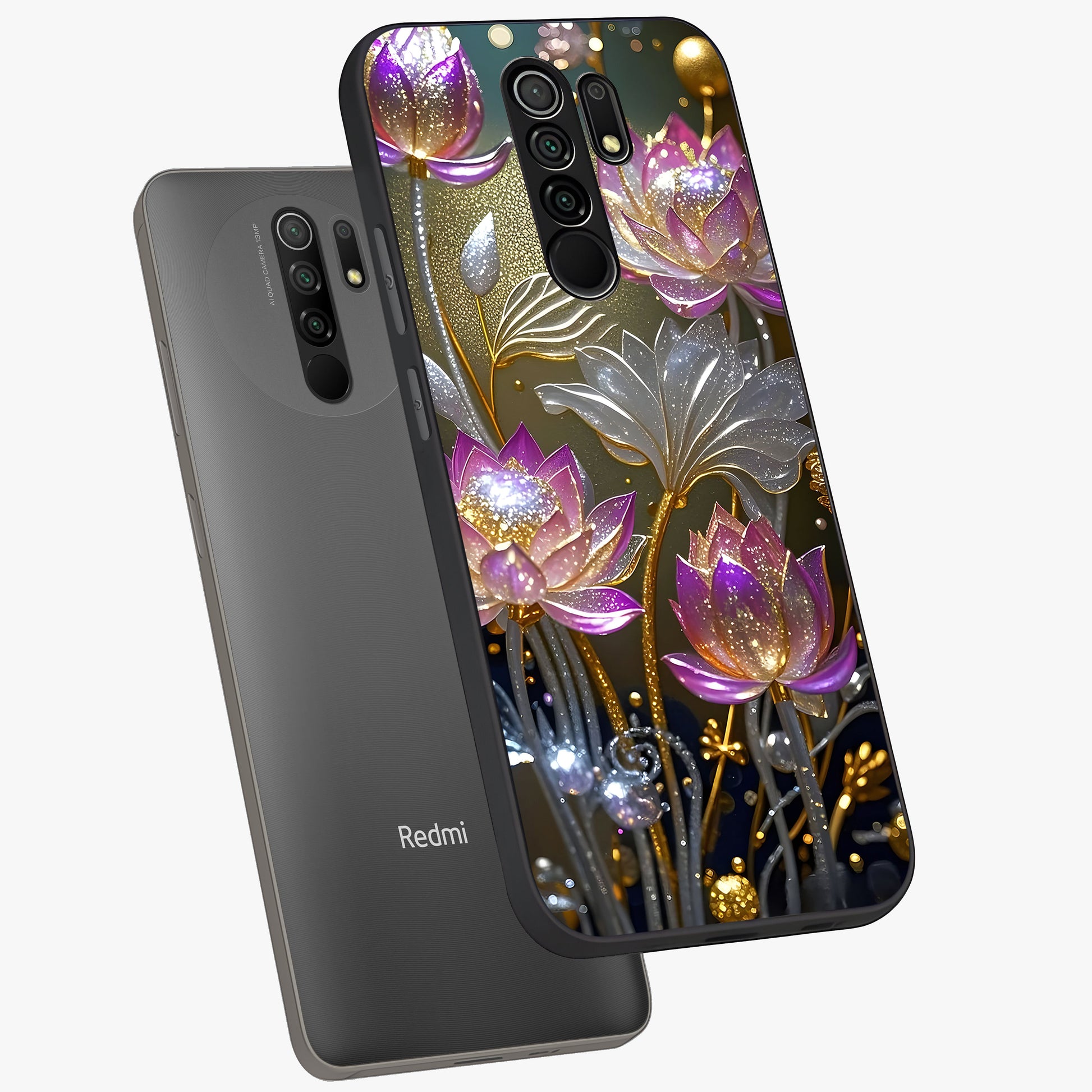 Golden Floral Majesty Glass Case displayed in angled mockup highlighting elegant flower design with royal golden aesthetic.