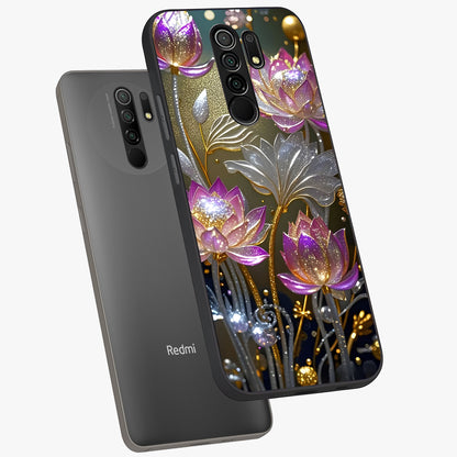 Golden Floral Majesty Glass Case displayed in angled mockup highlighting elegant flower design with royal golden aesthetic.