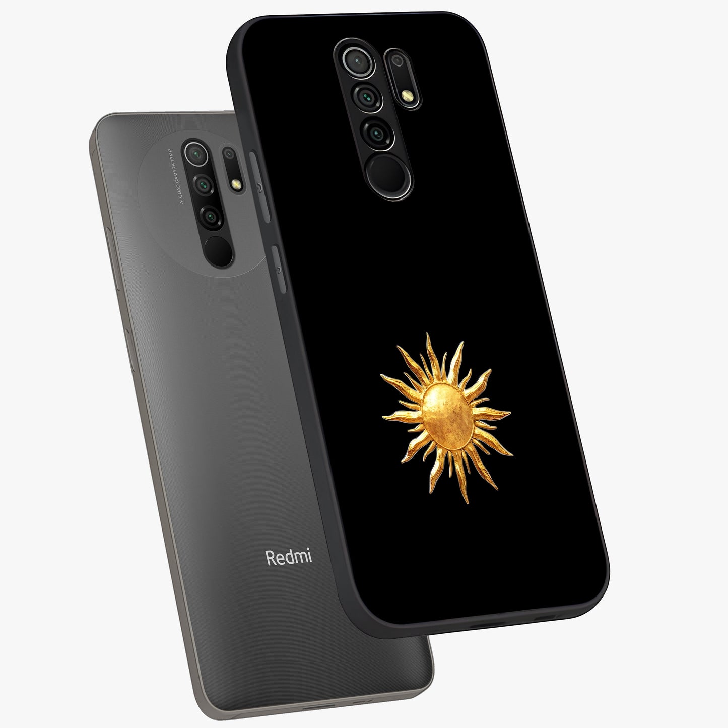 Golden Sun Minimalism Glass Case displayed in angled mockup highlighting eerie shadow illustration with gothic aesthetic.