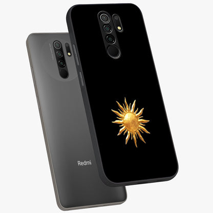 Golden Sun Minimalism Glass Case displayed in angled mockup highlighting eerie shadow illustration with gothic aesthetic.