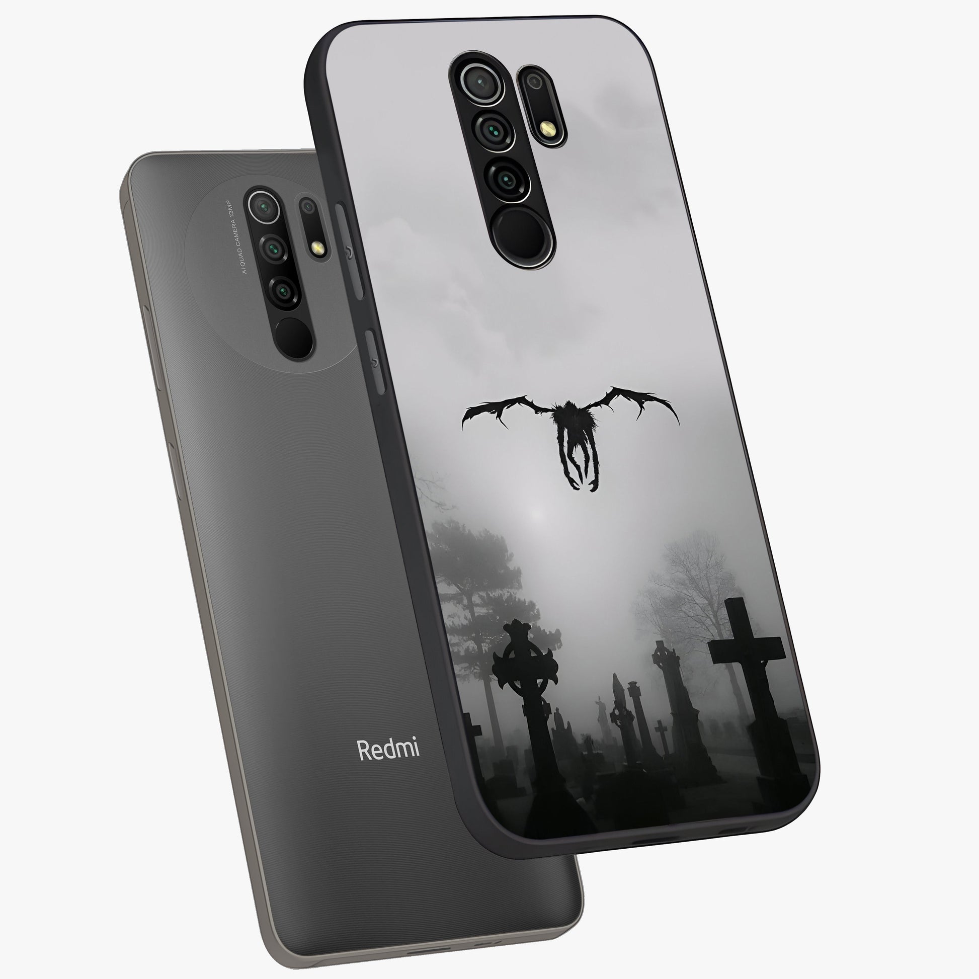 Graveyard Shadow Descent Glass Case displayed in angled mockup highlighting eerie shadow illustration with gothic aesthetic.