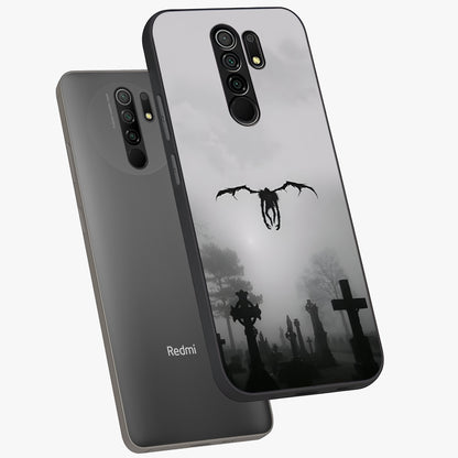 Graveyard Shadow Descent Glass Case displayed in angled mockup highlighting eerie shadow illustration with gothic aesthetic.