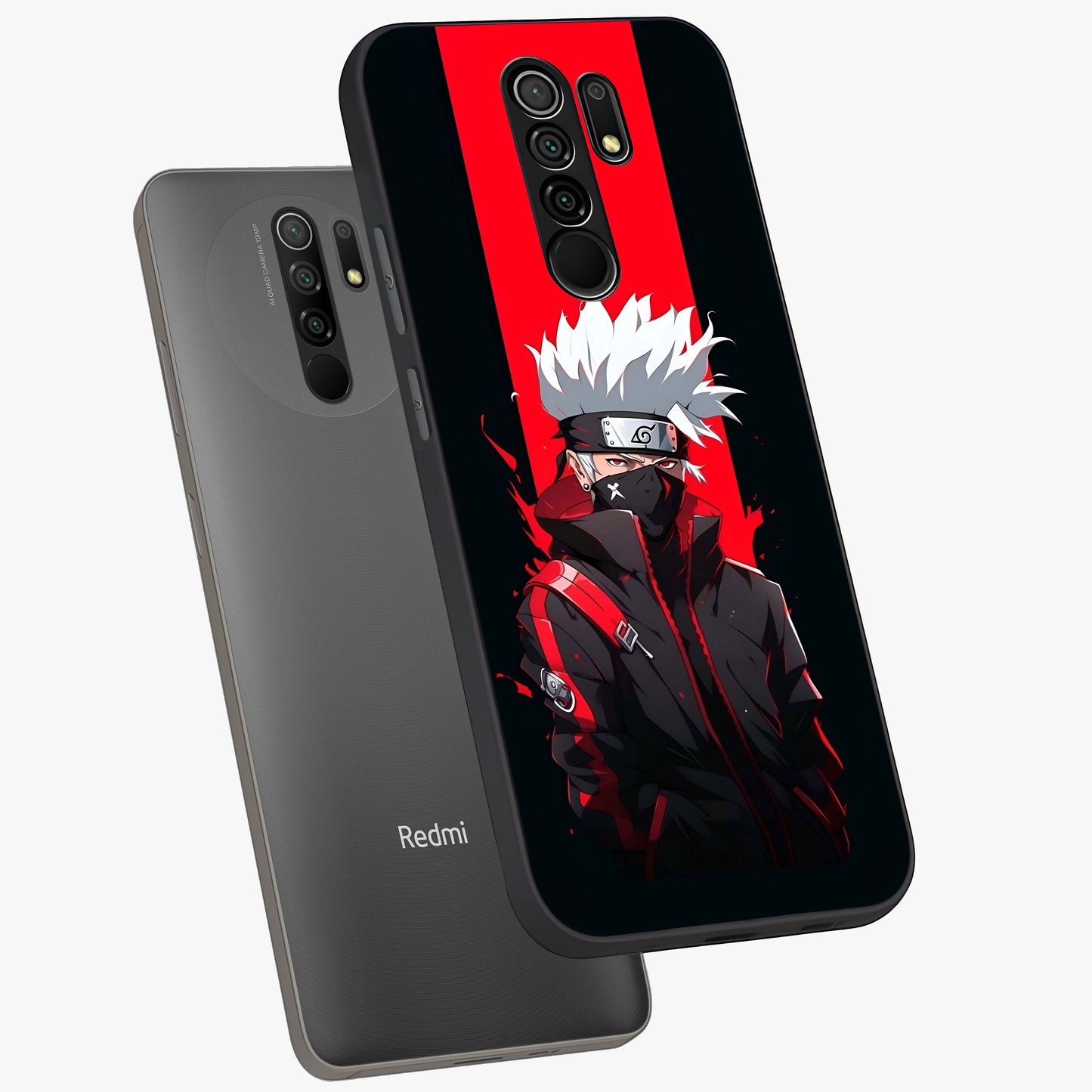 Kakashi Scarlet Shadow Glass Case displayed in angled mockup highlighting dramatic ninja illustration with scarlet themed aesthetic.
