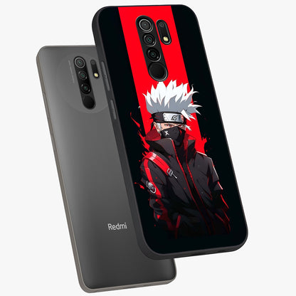 Kakashi Scarlet Shadow Glass Case displayed in angled mockup highlighting dramatic ninja illustration with scarlet themed aesthetic.