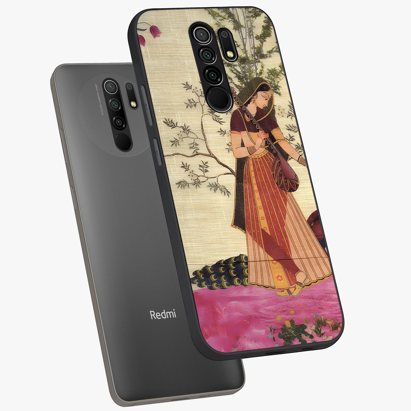 Lady With Veena Art Glass Case displayed in angled mockup highlighting graceful musical illustration with cultural artistic aesthetic.