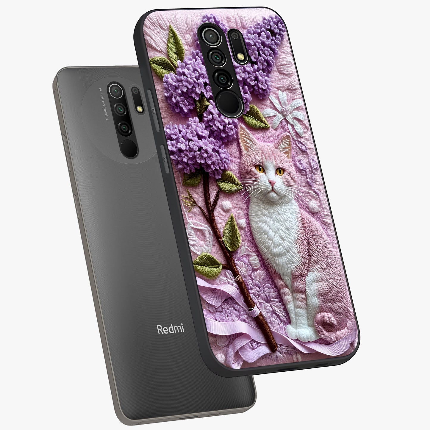 Lavender Cat Whimsy Glass Case displayed in angled mockup highlighting playful feline illustration with pastel lavender aesthetic.