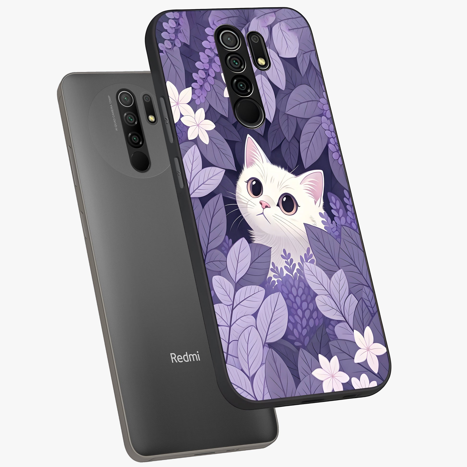 Lilac Hide Peek Cat Glass Case displayed in angled mockup highlighting playful feline illustration with lilac aesthetic design.