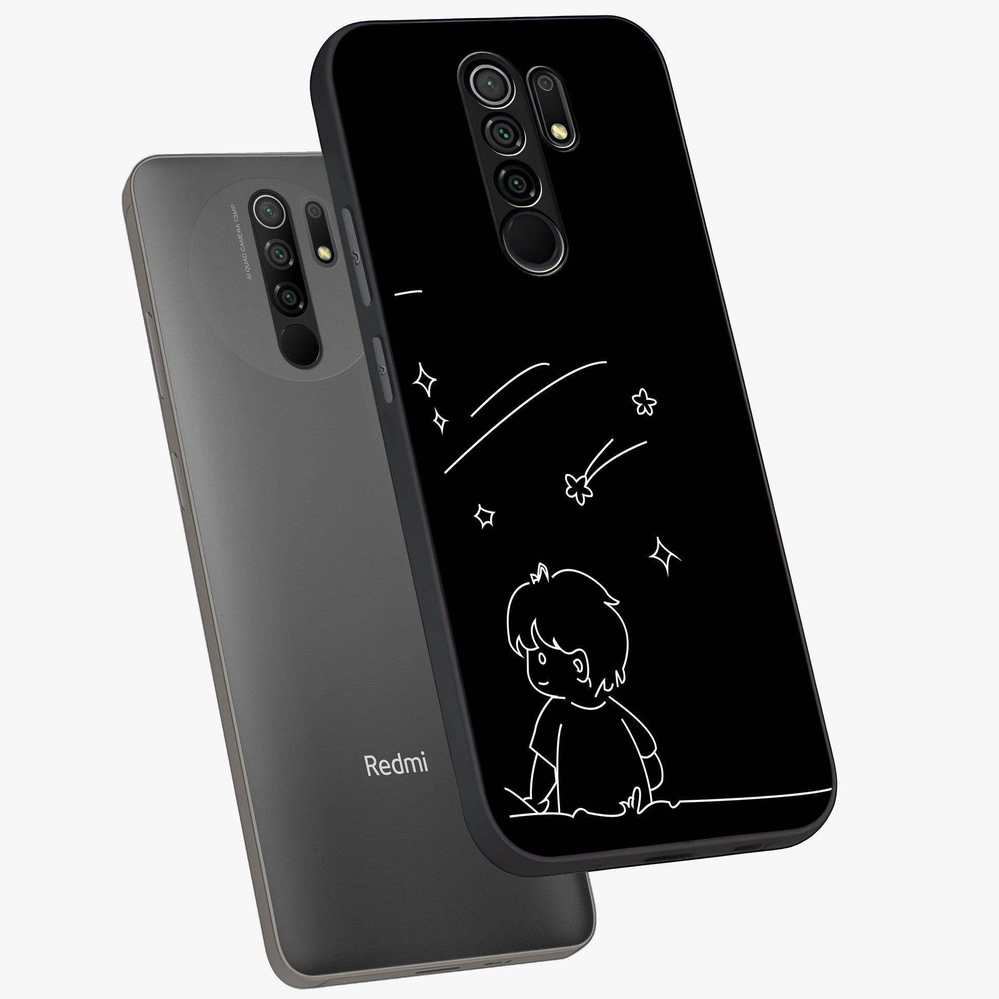 Line Art Boy With Shooting Stars Glass Case displayed in angled mockup highlighting elegant line art design with dreamy star aesthetic.