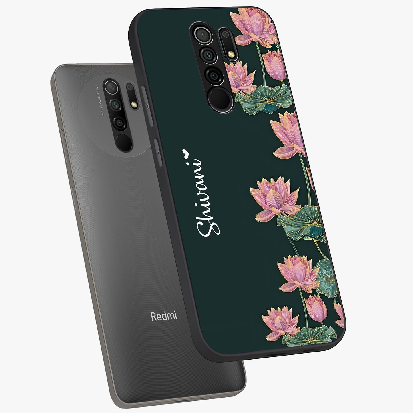 Lotus Bloom Serenity Custom Name Glass Case displayed in angled mockup highlighting graceful lotus illustration with custom name feature.