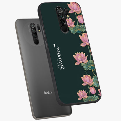 Lotus Bloom Serenity Custom Name Glass Case displayed in angled mockup highlighting graceful lotus illustration with custom name feature.