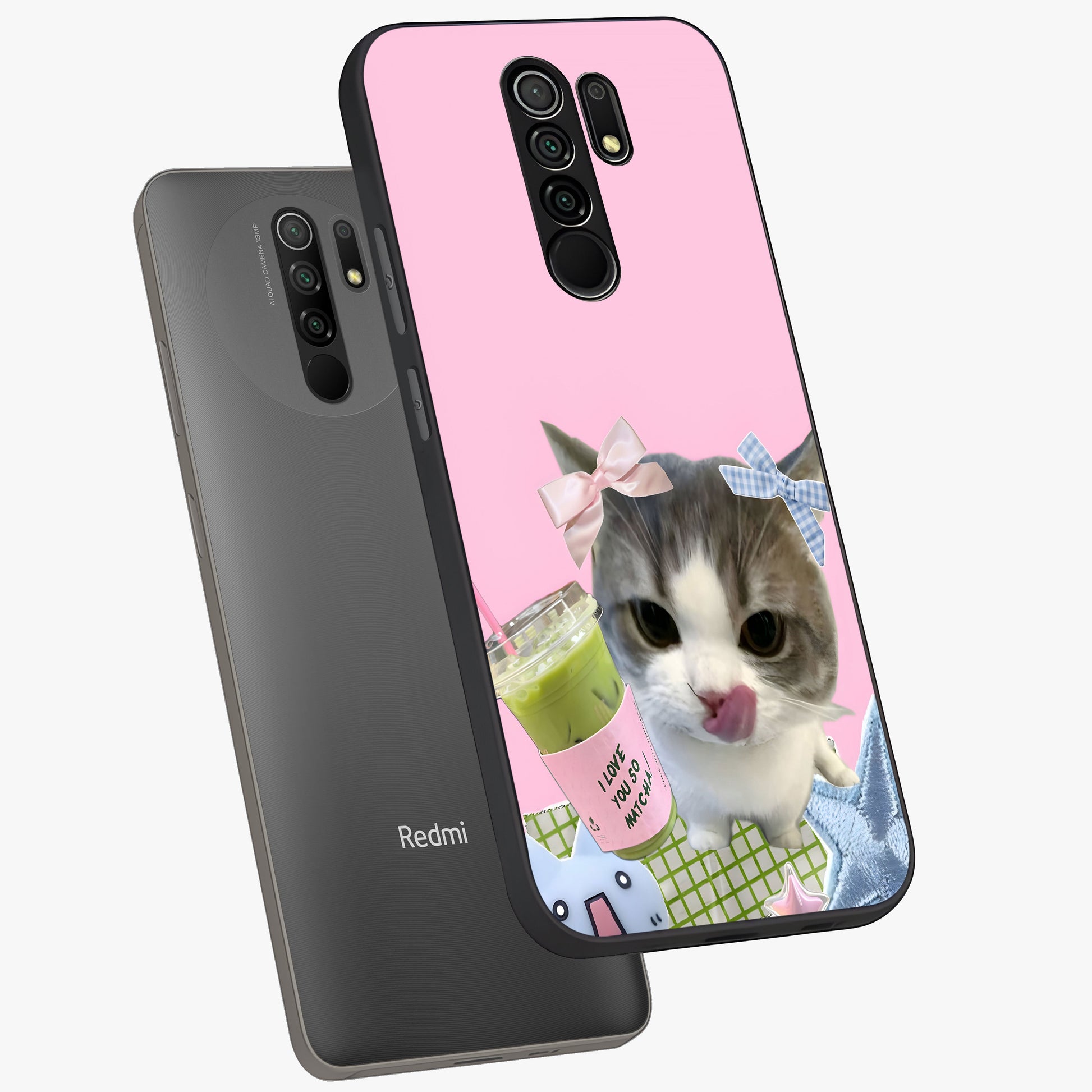 Love Matcha Cat Glass Case displayed in angled mockup highlighting playful feline illustration with cozy matcha aesthetic.