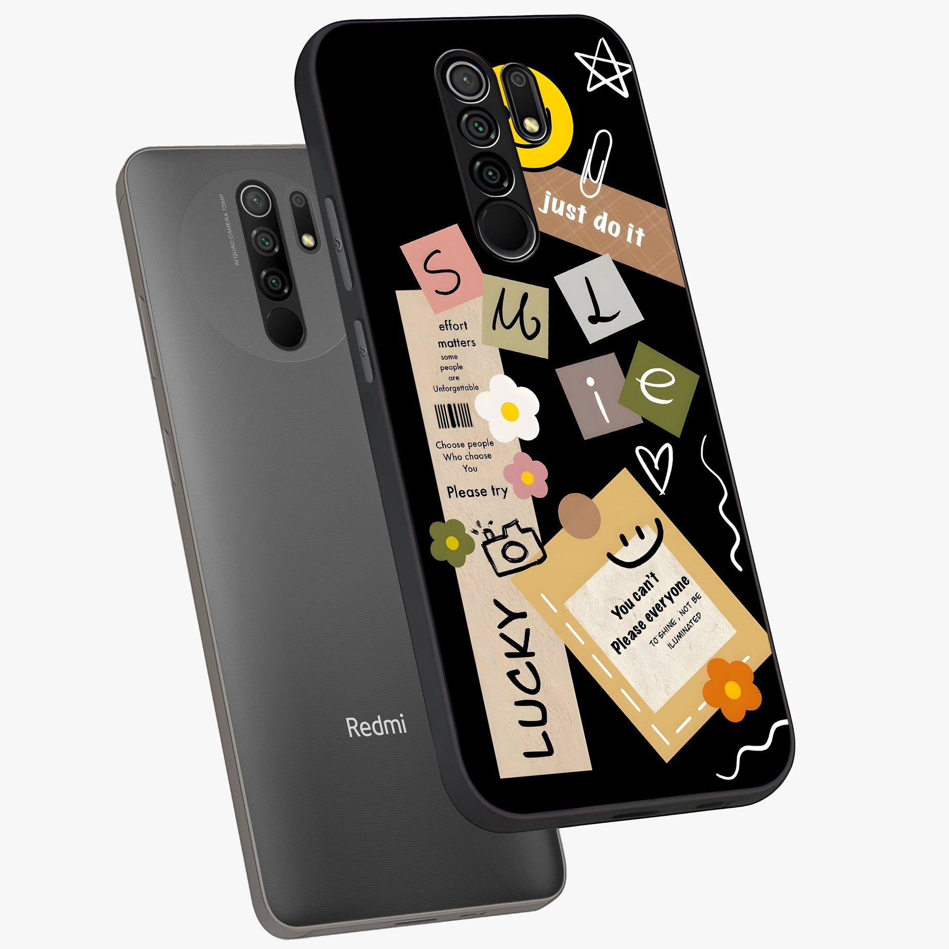 Lucky Aesthetic Collage Glass Case displayed in angled mockup highlighting stylish collage pattern with modern aesthetic vibe.