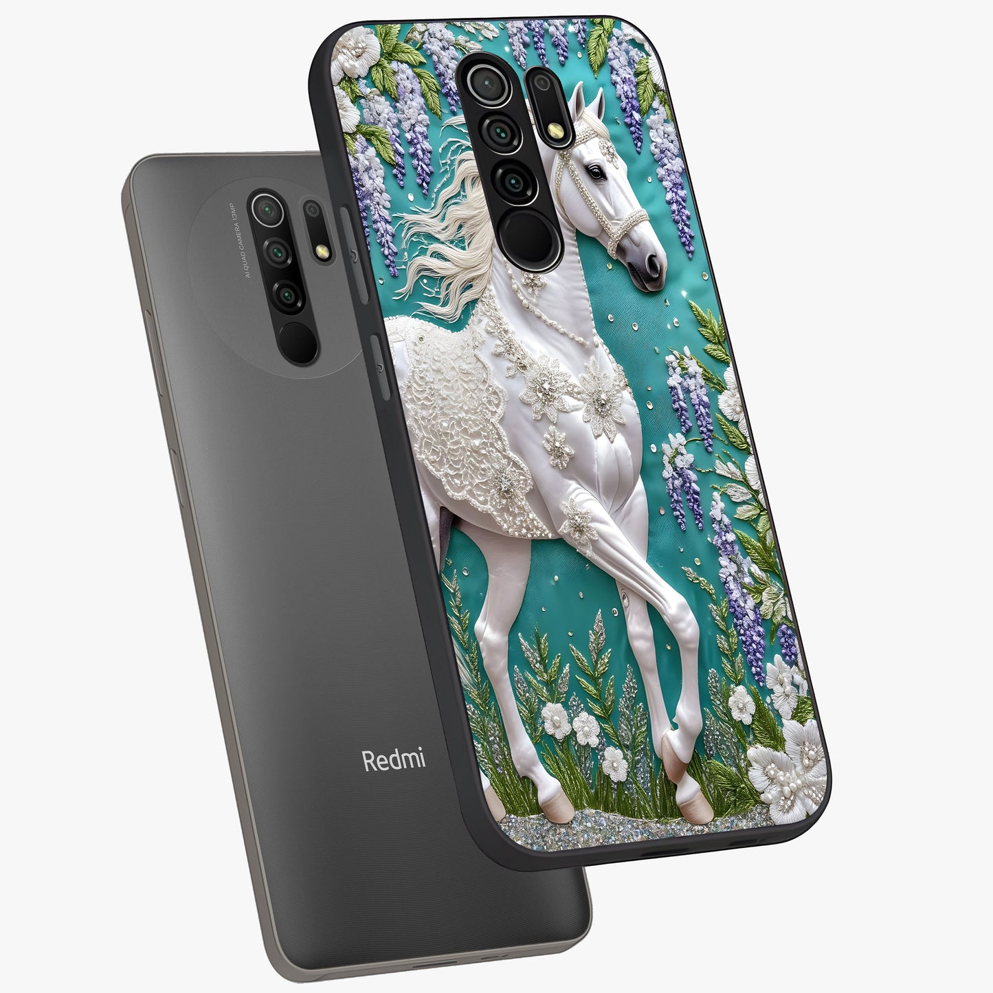 Majestic Floral Stallion Glass Case displayed in angled mockup highlighting majestic stallion illustration with elegant floral aesthetic.