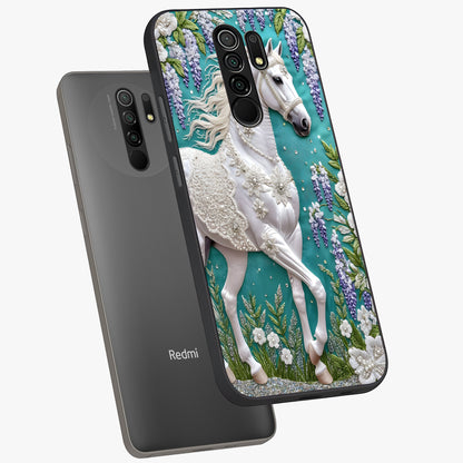 Majestic Floral Stallion Glass Case displayed in angled mockup highlighting majestic stallion illustration with elegant floral aesthetic.