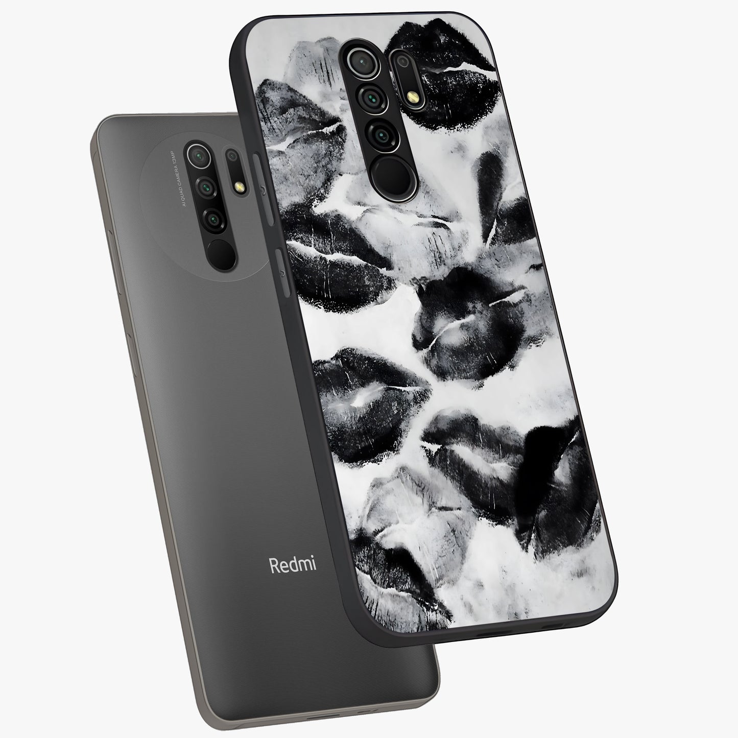 Midnight Kiss Marks Glass Case displayed in angled mockup highlighting playful romantic design with bold midnight aesthetic.