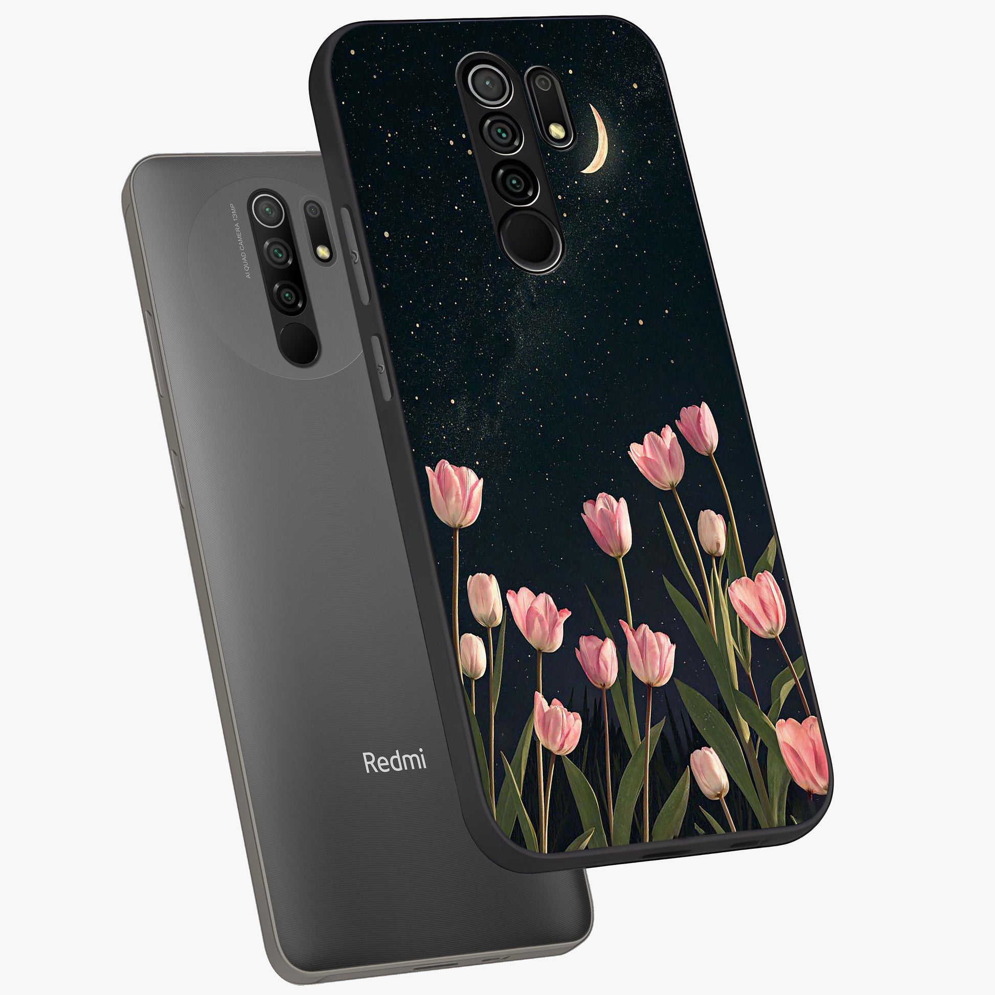 Midnight Tulip Whispers Vibe Glass Case displayed in angled mockup highlighting delicate tulip design with midnight floral aesthetic.