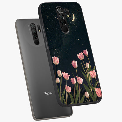 Midnight Tulip Whispers Vibe Glass Case displayed in angled mockup highlighting delicate tulip design with midnight floral aesthetic.