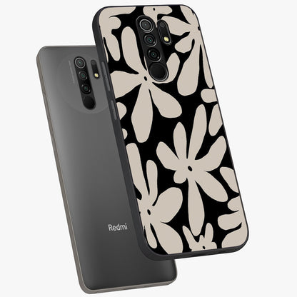 Monochrome Petal Dance Glass Case displayed in angled mockup highlighting elegant petal design with black and white aesthetic.