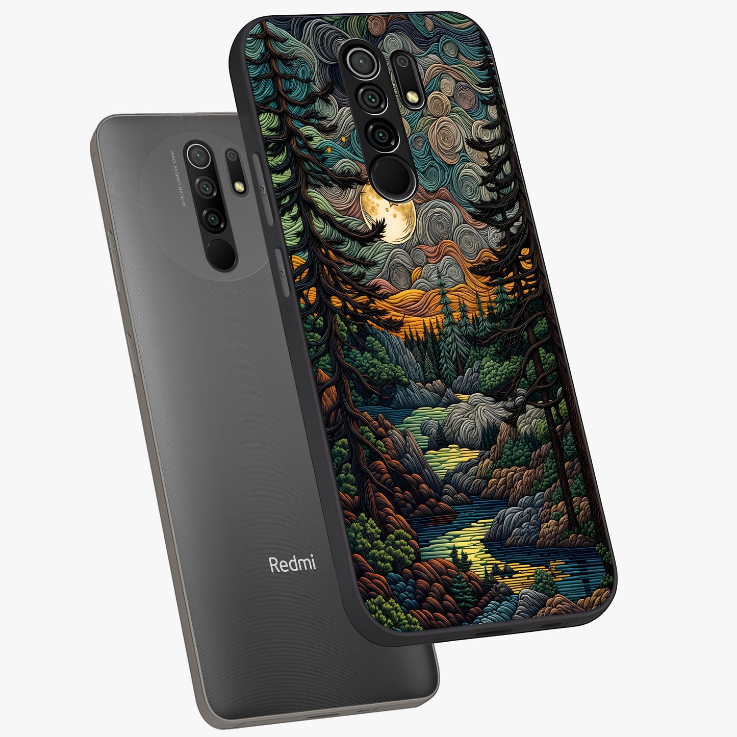 Moonlight Forest Dream Glass Case displayed in angled mockup highlighting dreamy forest design with glowing moon aesthetic.