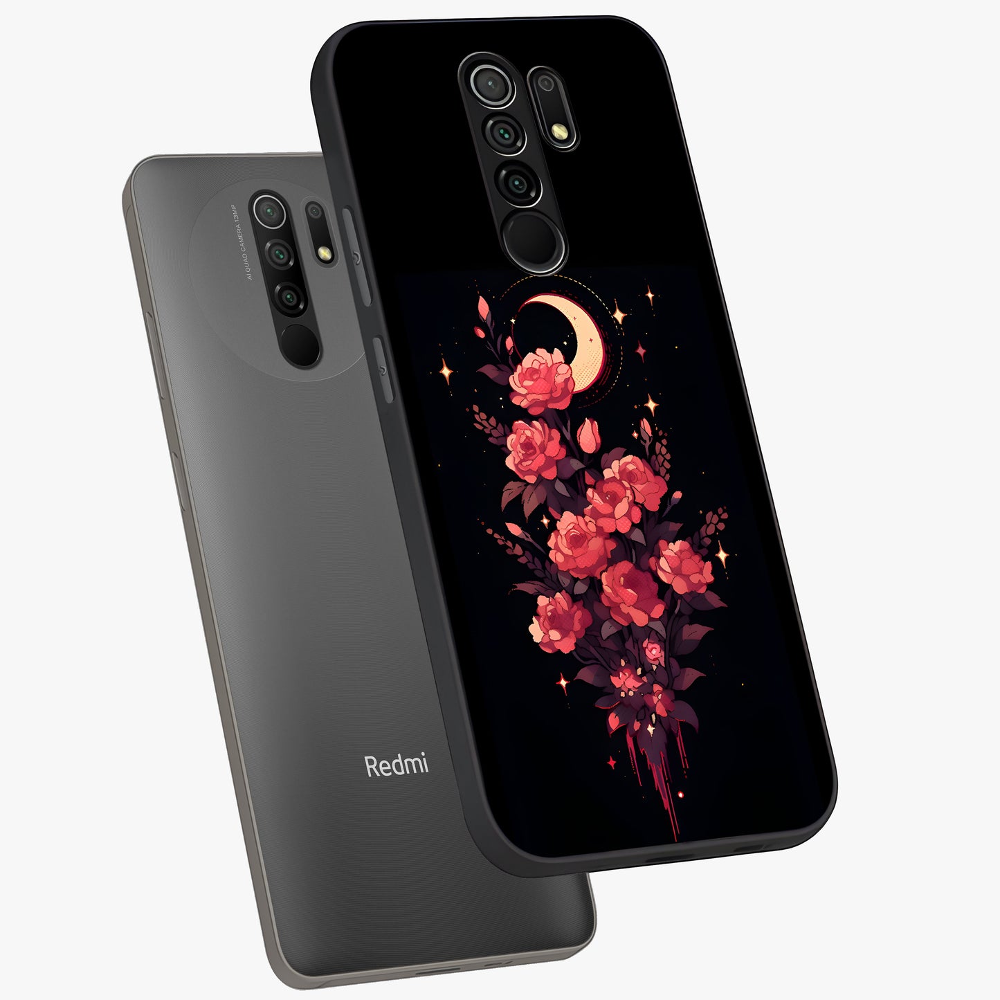 Moonlit Floral Elegance Glass Case displayed in angled mockup highlighting graceful flower design with soft moonlight aesthetic.