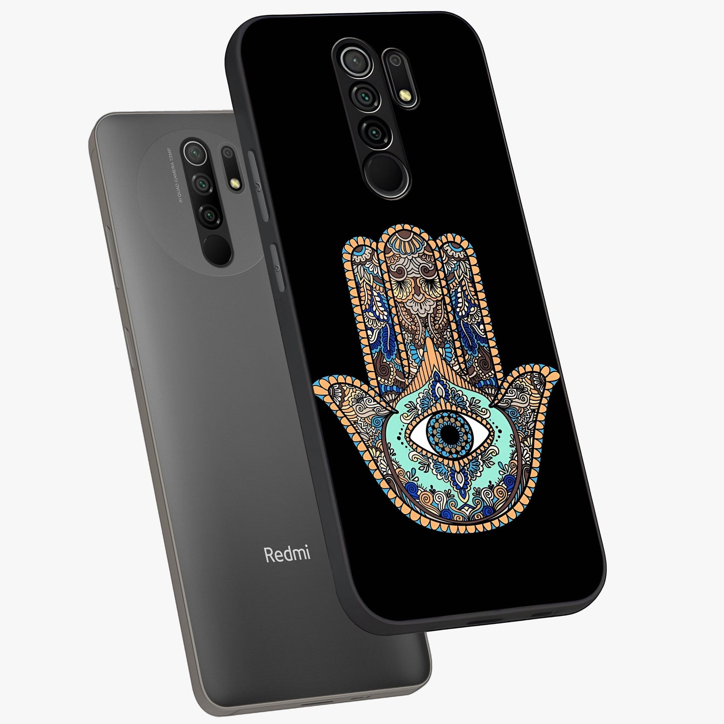Mystic Hamsa Eye Glass Case displayed in angled mockup highlighting spiritual hamsa symbol with mystical aesthetic style.