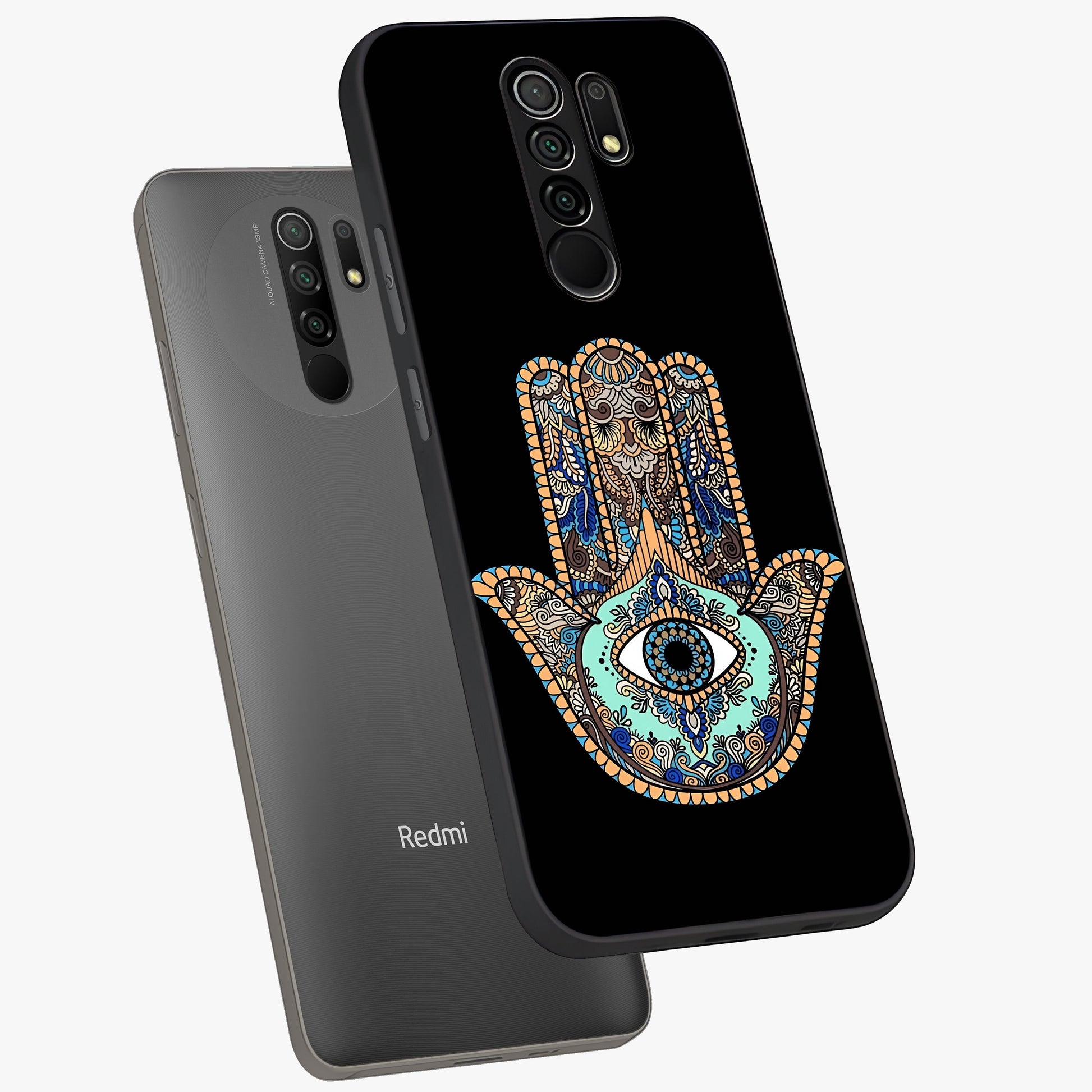 Mystic Hamsa Eye Glass Case displayed in angled mockup highlighting spiritual hamsa symbol with mystical aesthetic style.