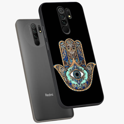 Mystic Hamsa Eye Glass Case displayed in angled mockup highlighting spiritual hamsa symbol with mystical aesthetic style.