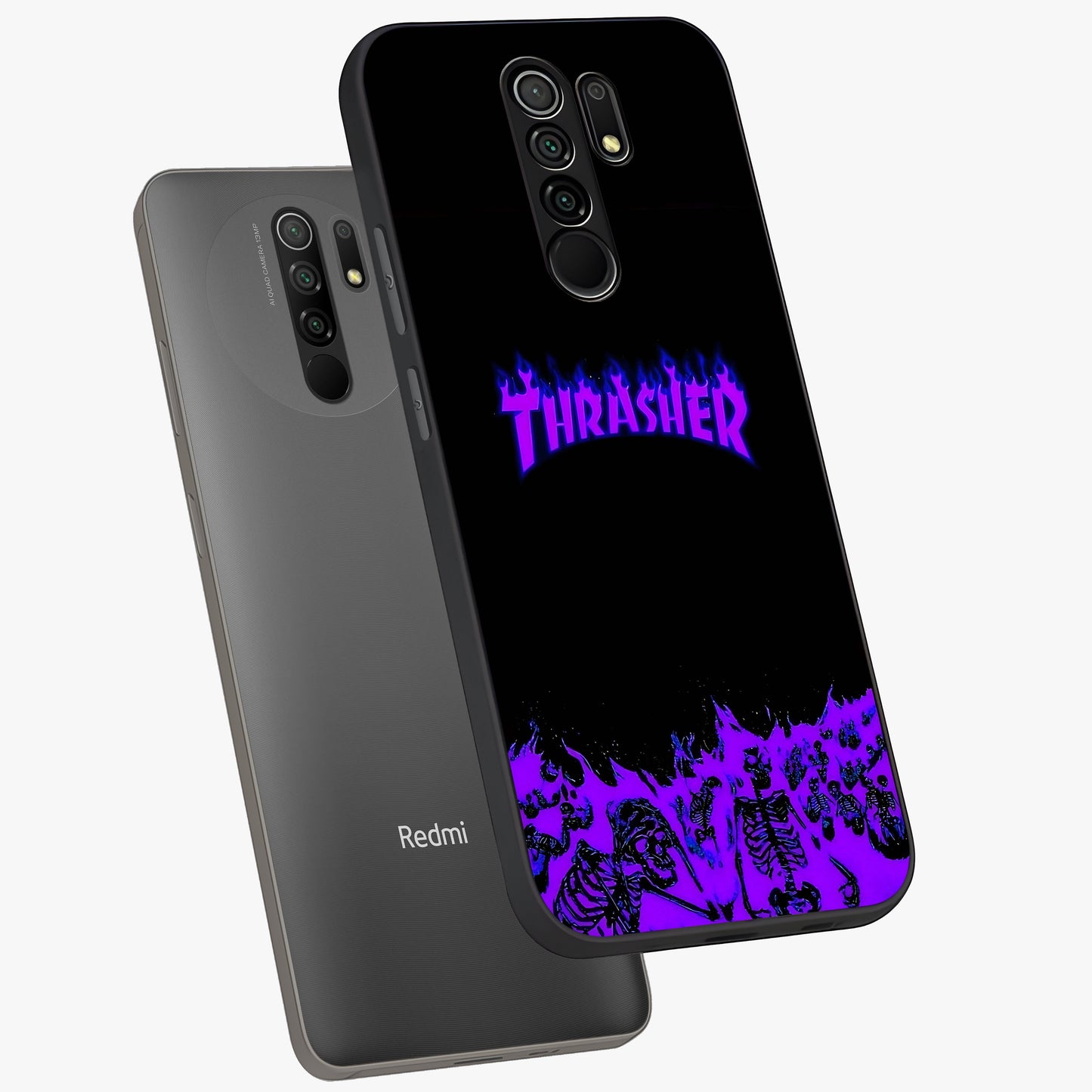 Neon Flame Riot Glass Case displayed in angled mockup highlighting glowing flame design with vibrant neon aesthetic.