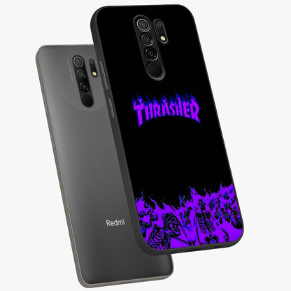 Neon Flame Riot Glass Case displayed in angled mockup highlighting glowing flame design with vibrant neon aesthetic.