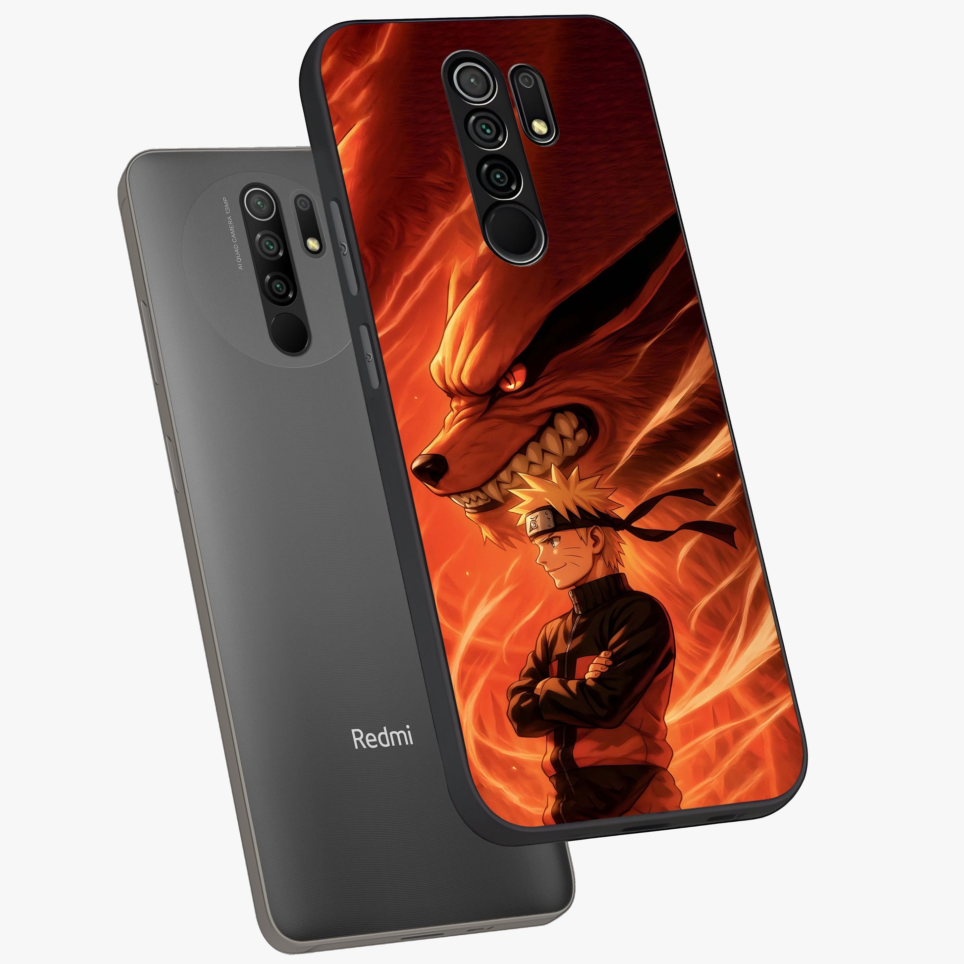 Nine Tails Legacy Glass Case displayed in angled mockup highlighting dynamic anime beast illustration with bold mystical aesthetic.