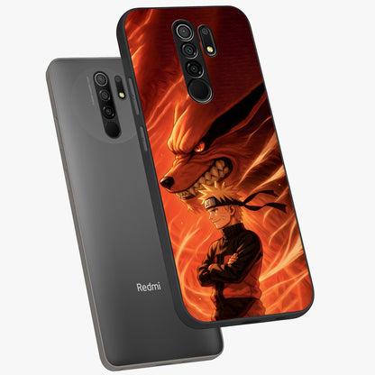 Nine Tails Legacy Glass Case displayed in angled mockup highlighting dynamic anime beast illustration with bold mystical aesthetic.