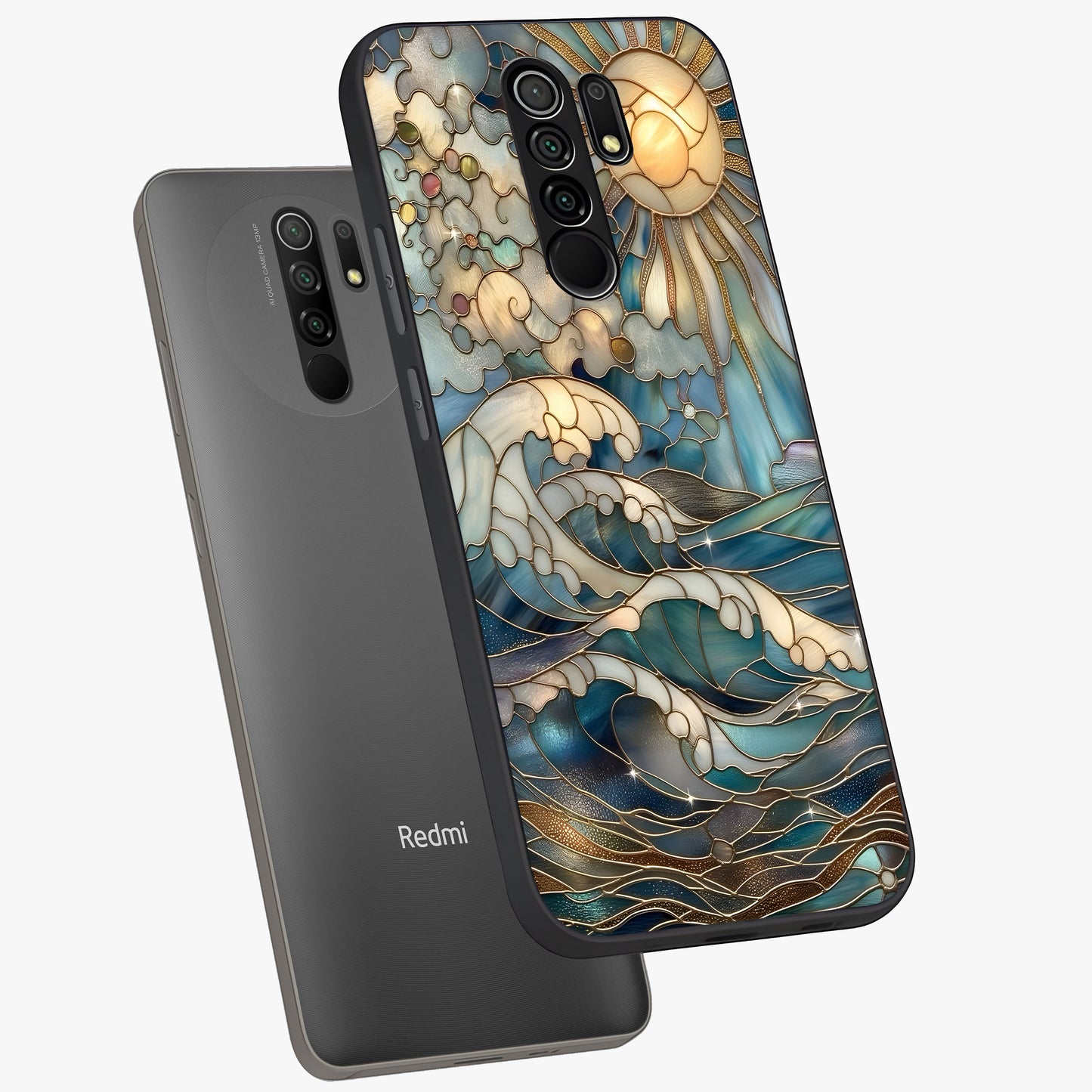 Oceanic Stained Printed Glass Case displayed in angled mockup highlighting colorful aquatic design with artistic aesthetic style.