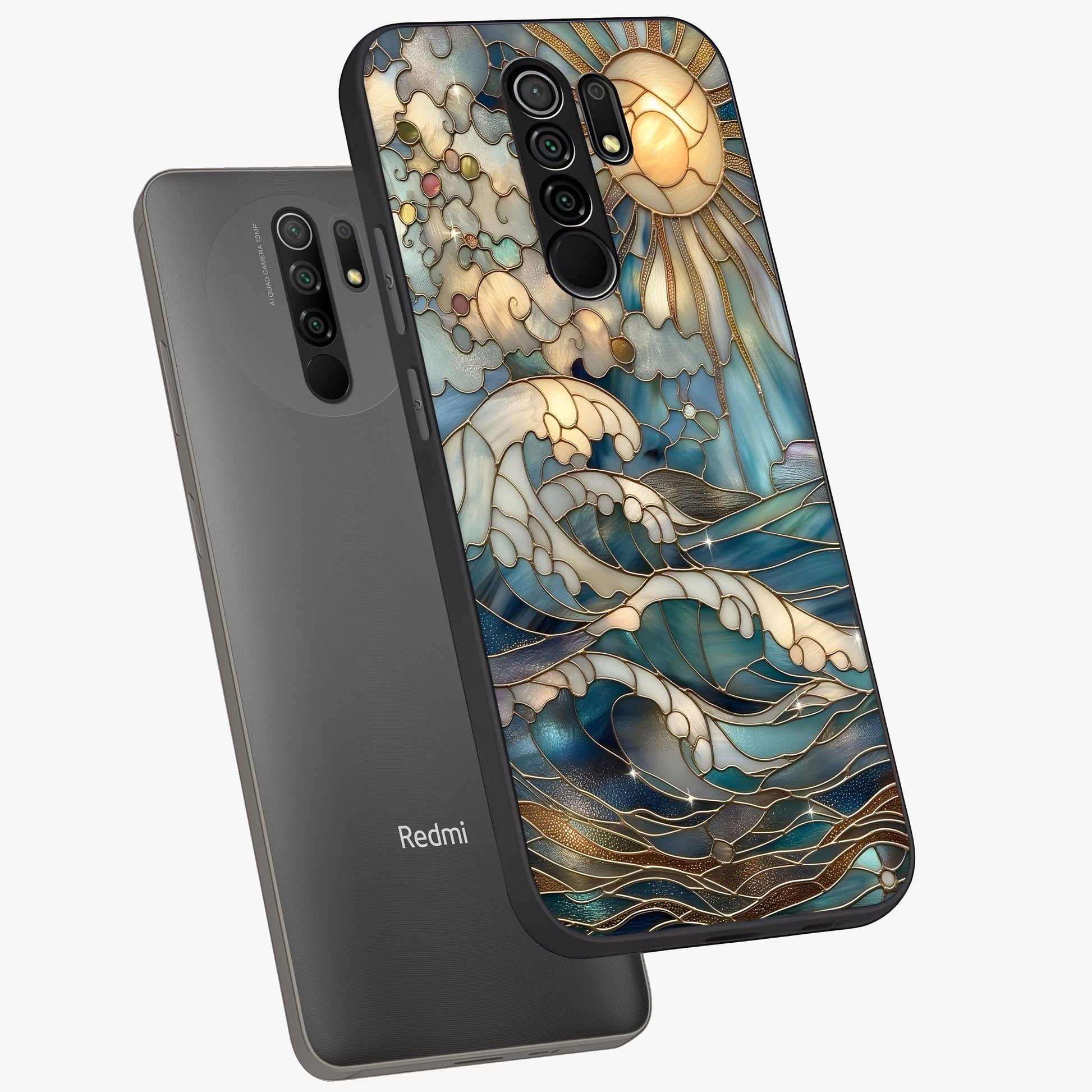 Oceanic Stained Printed Glass Case displayed in angled mockup highlighting colorful aquatic design with artistic aesthetic style.
