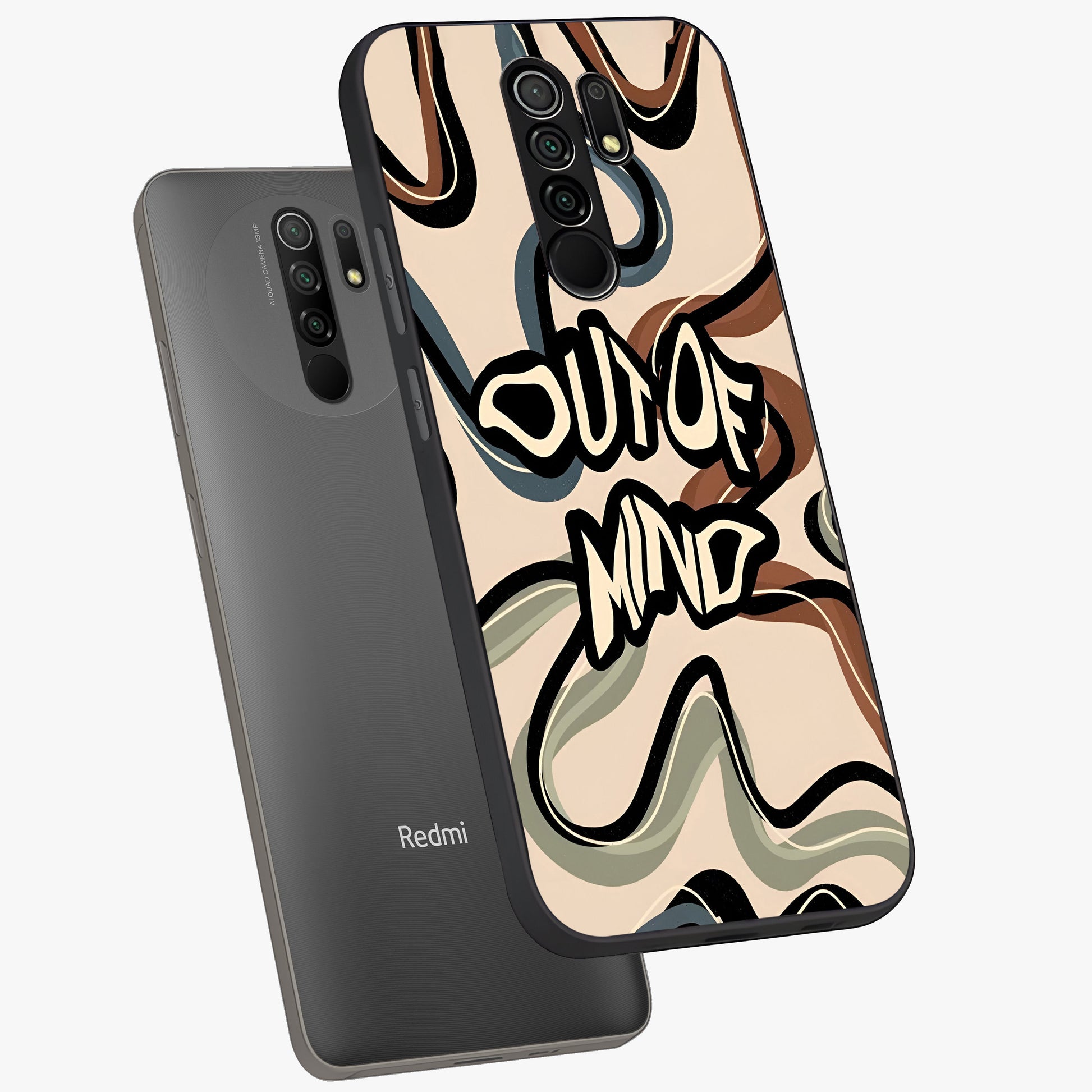 Out Of Mind Glass Case displayed in angled mockup highlighting bold statement design with modern artistic aesthetic.