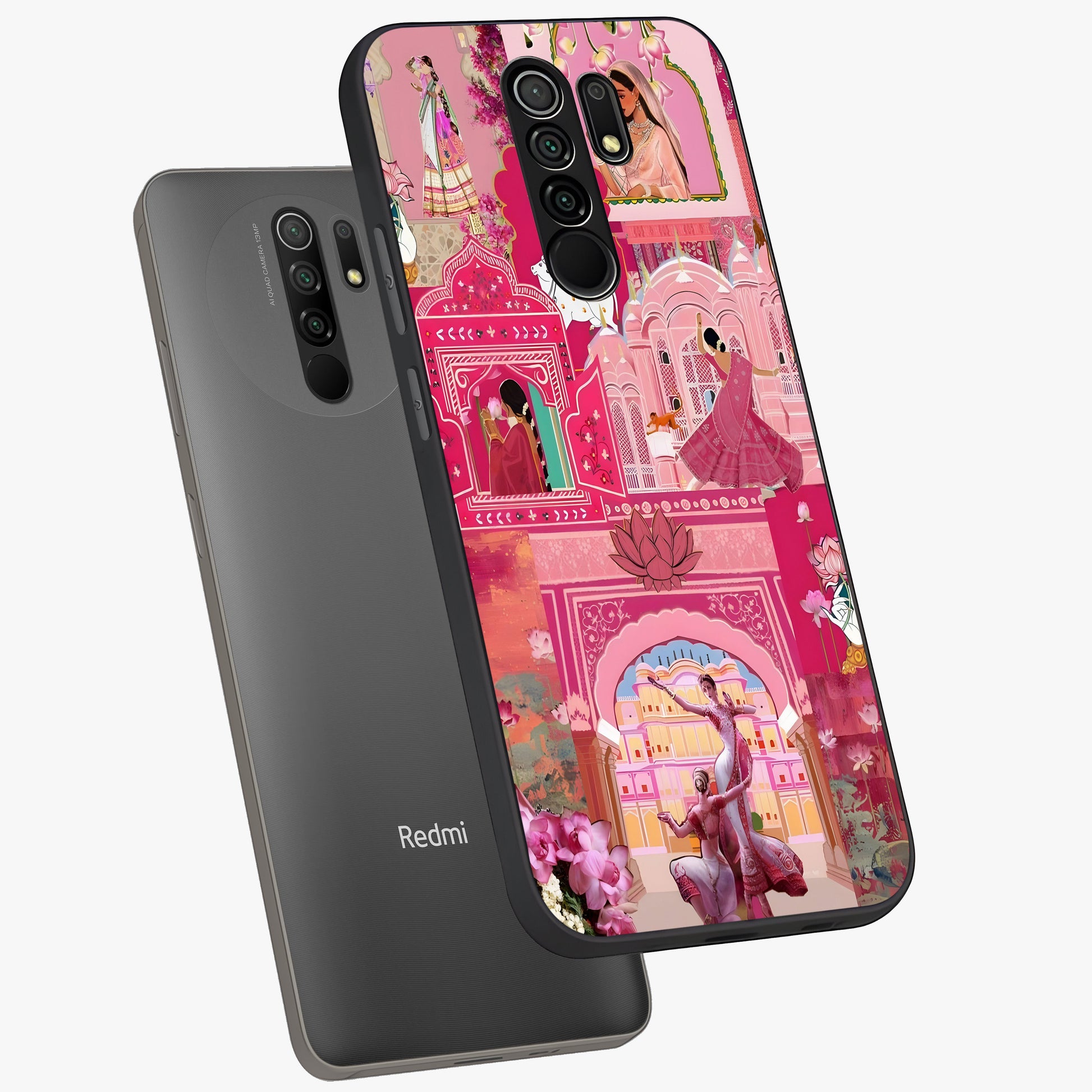 Pink Palace Muse Glass Case displayed in angled mockup highlighting dreamy palace illustration with soft pink aesthetic.