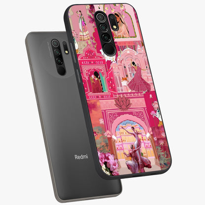 Pink Palace Muse Glass Case displayed in angled mockup highlighting dreamy palace illustration with soft pink aesthetic.