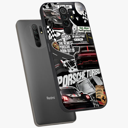 Porsche Racing Collage Glass Case displayed in angled mockup highlighting dynamic automotive design with bold racing aesthetic.