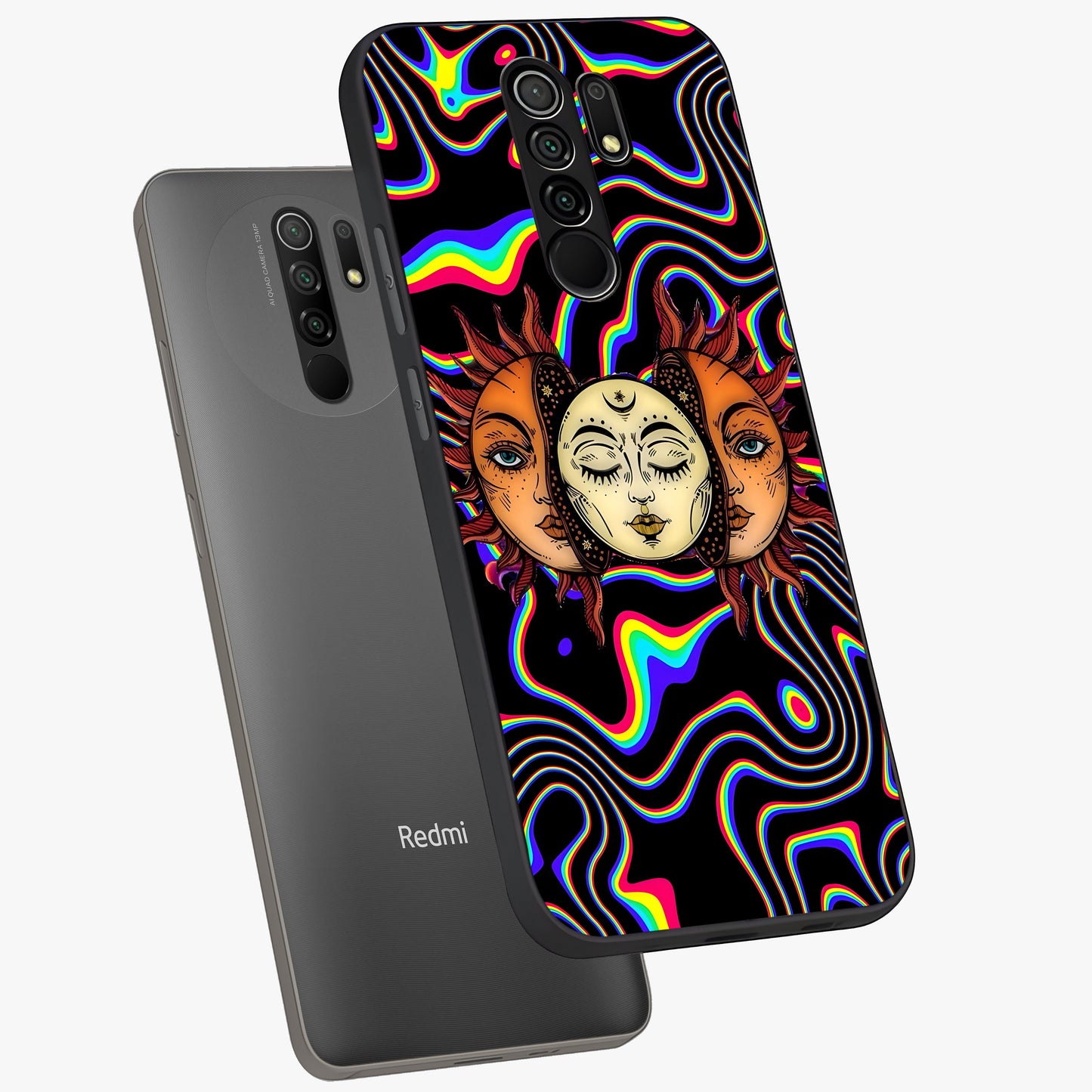 Psychedelic Sun Glass Case displayed in angled mockup highlighting vibrant abstract sun design with artistic aesthetic style.