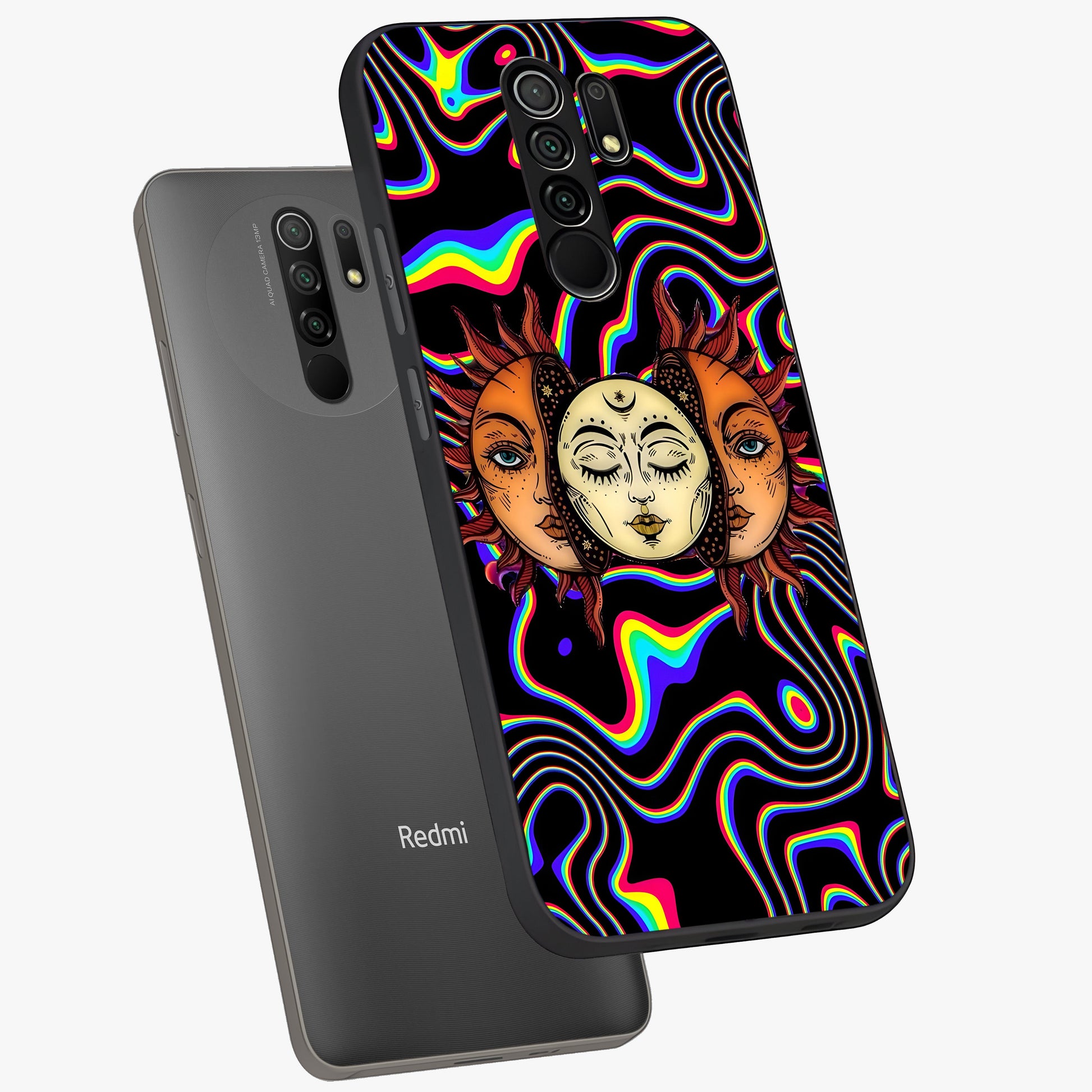 Psychedelic Sun Glass Case displayed in angled mockup highlighting vibrant abstract sun design with artistic aesthetic style.