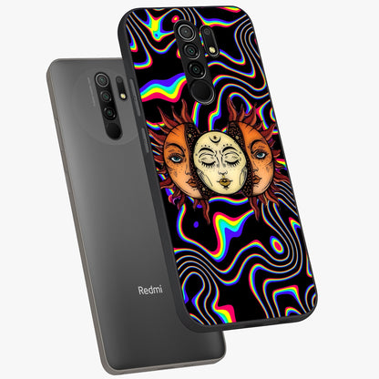 Psychedelic Sun Glass Case displayed in angled mockup highlighting vibrant abstract sun design with artistic aesthetic style.