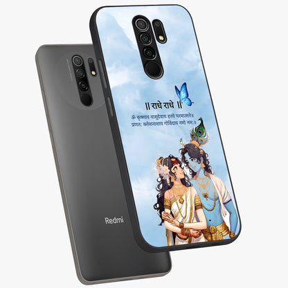 Radha Krishna Eternal Glass Case displayed in angled mockup highlighting divine Radha Krishna illustration with spiritual aesthetic.