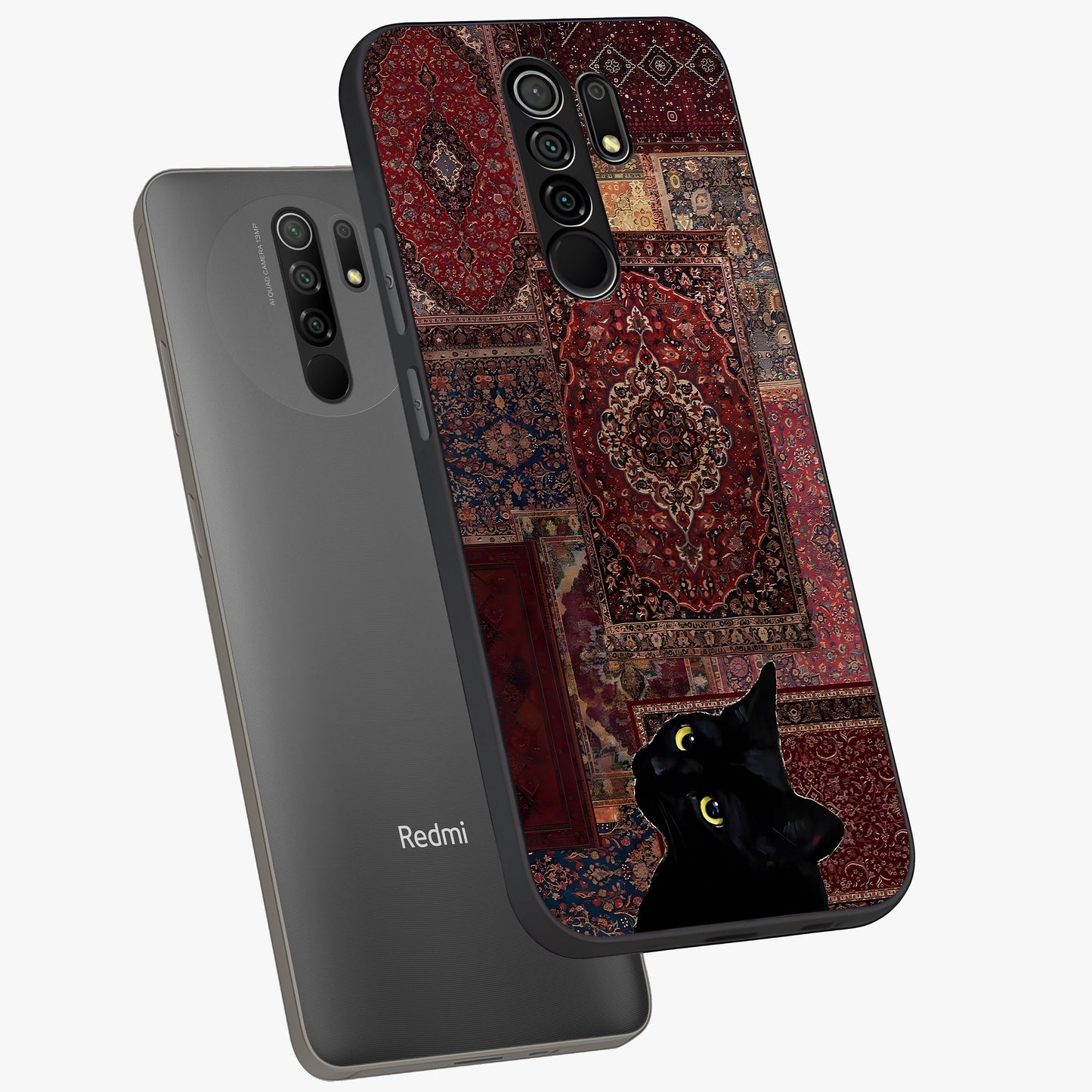 Regal Magic Cat Apple Glass Case displayed in angled mockup highlighting whimsical feline design with fantasy aesthetic.