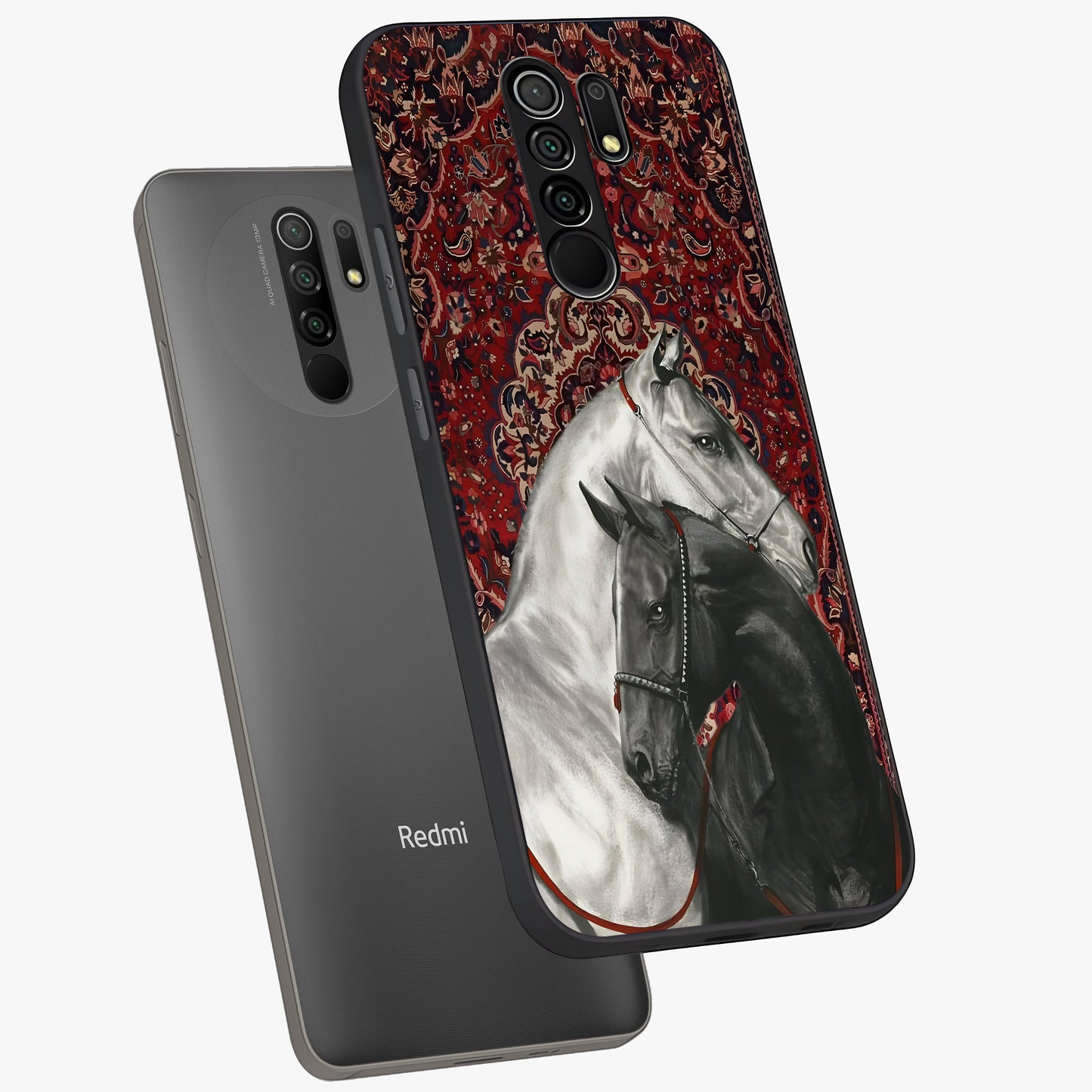 Regal Stallion Tapestry Glass Case displayed in angled mockup highlighting royal stallion design with decorative heritage aesthetic.